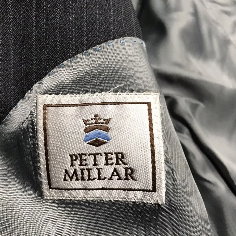 PETER MILLAR Suit Jacket Men 44R Black Pinstripe Wool 2 Button Double Vent USA